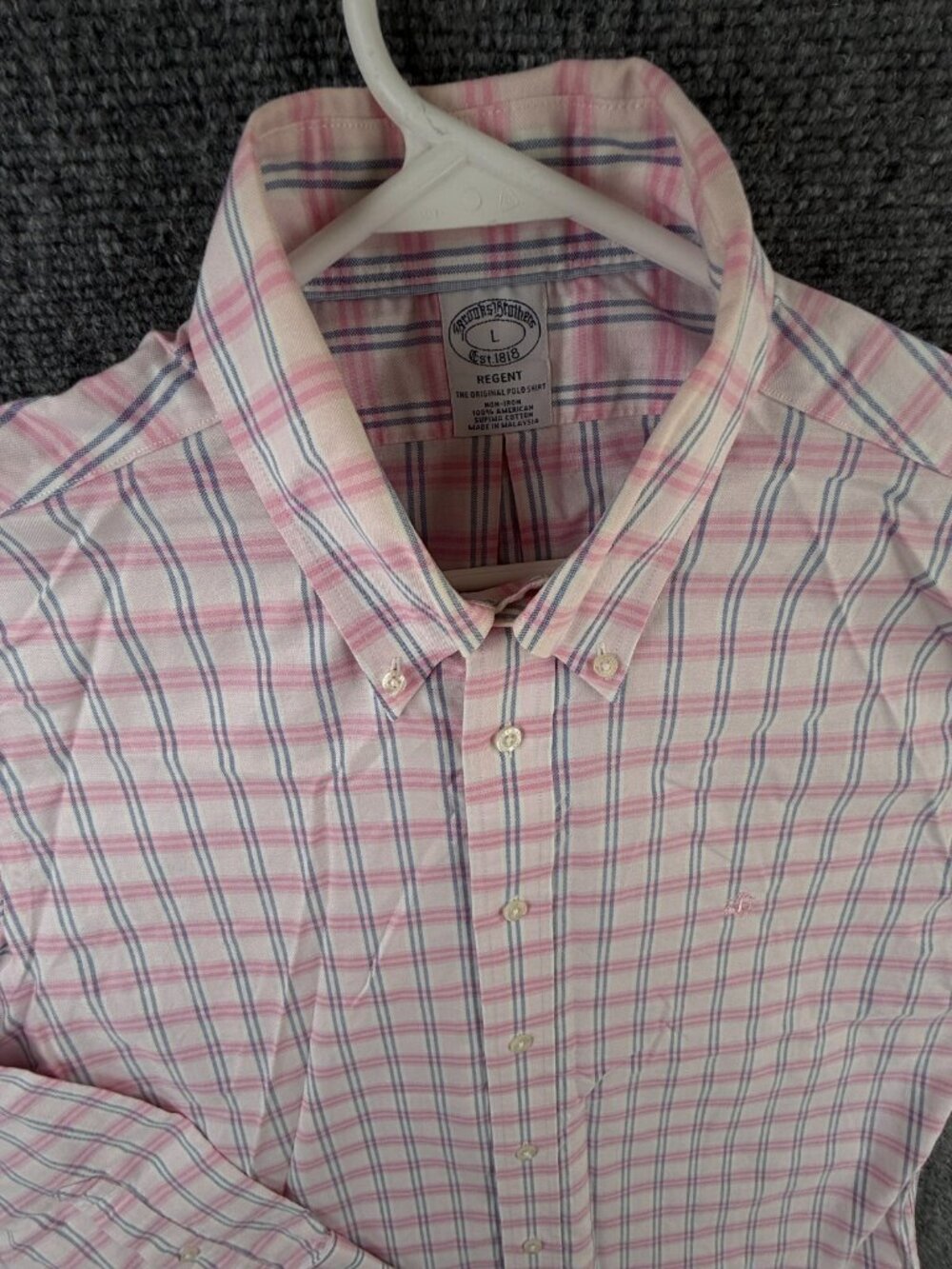 Brooks Brothers Non Iron Button Up Shirt Men Pink Blue Plaid Large Supima **